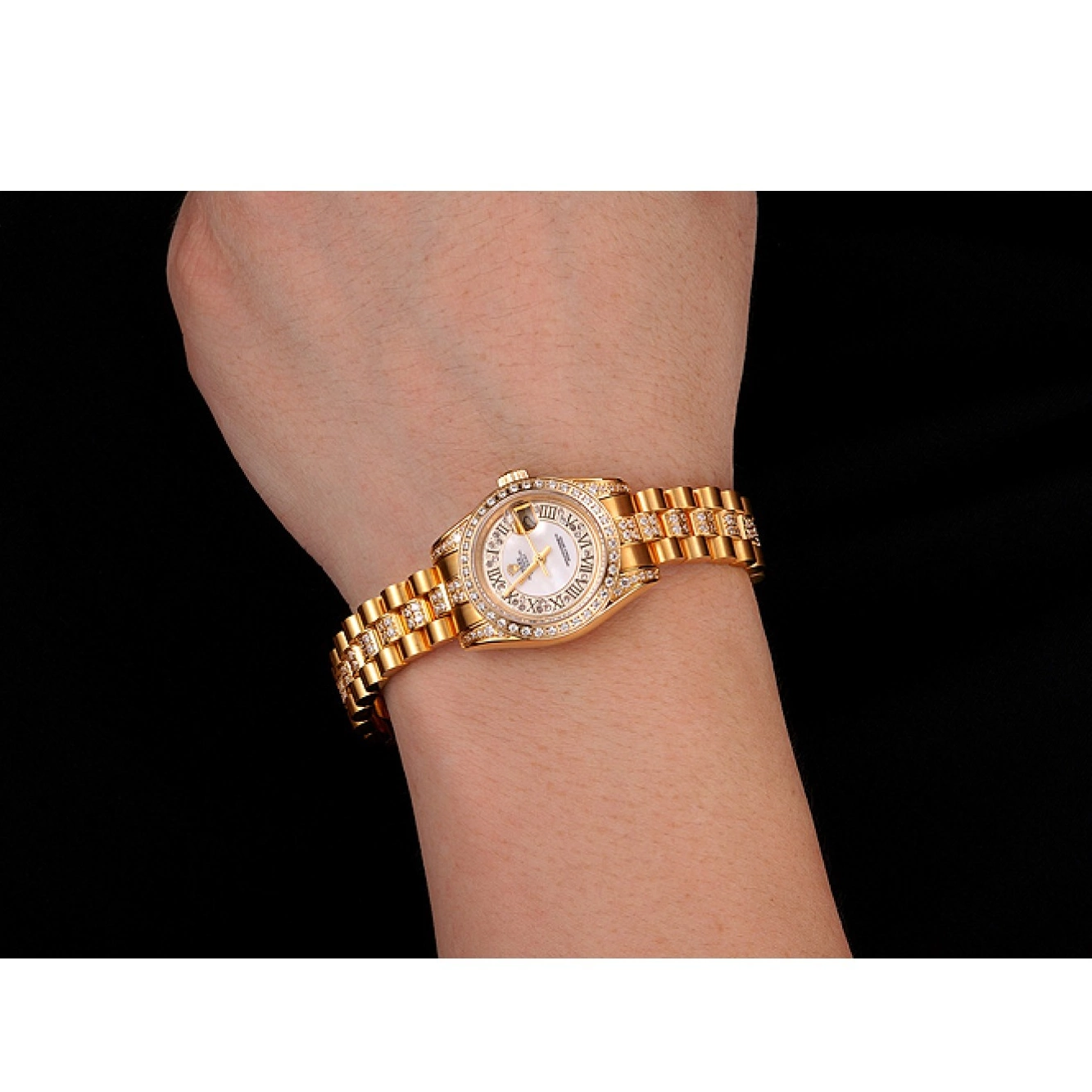 Aaa replica watch DayJust White Dial Bracelet Diamond Rolex Pave Swiss 1453957 Diamond Gold 0706